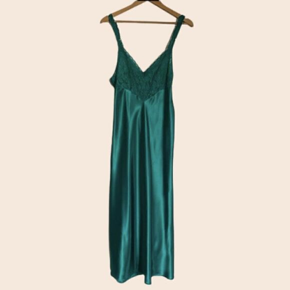Vintage Morgan Taylor Emerald Green Lace Nightgown Negligee Maxi Dress Size L - Picture 1 of 14